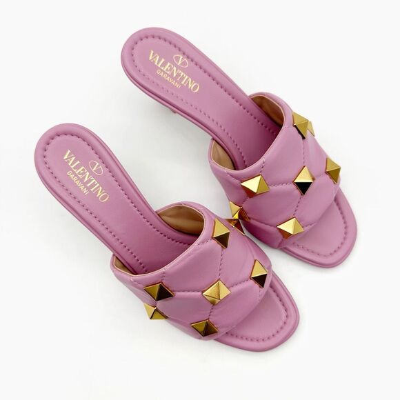 VALENTINO Roman Rockstud Pink Gold Heel Mule Size 37.5 Open Toe Quilted Leather - Picture 5 of 12